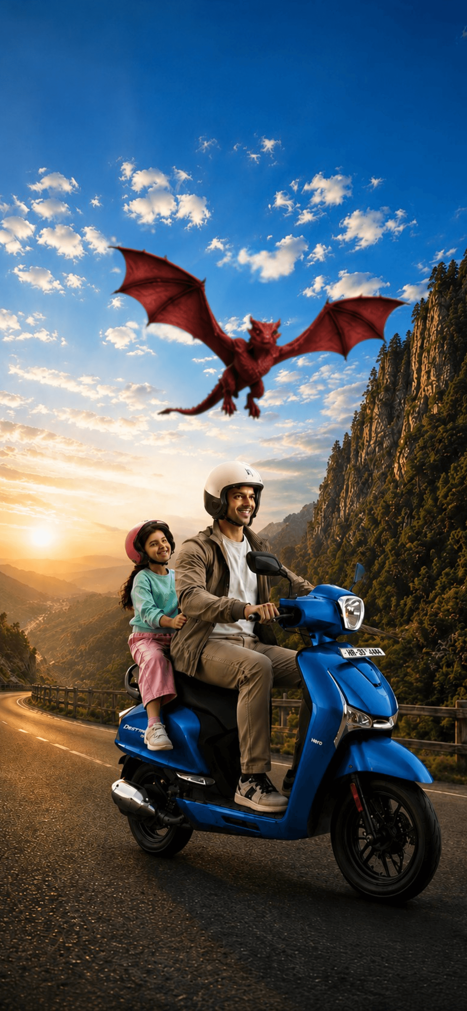 A parent and child riding the Hero Destini scooter on a mountain road as a dragon soars behind them